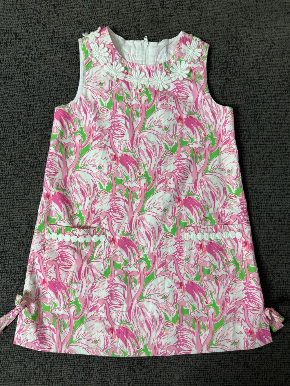 Lilly Pulitzer Pink Flamingo Print Shift Dress Trim Girls size 5 Preppy NWOT
